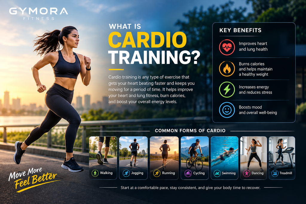 Cardio training benefits and exercises including running, walking, cycling, swimming, and treadmill workouts