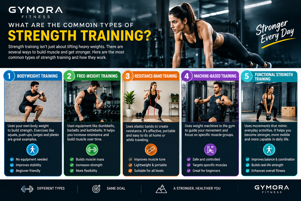 Common types of strength training including bodyweight, free weights, resistance bands, gym machines, and functional exercises
